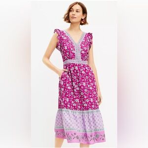 Loft Ruffled Tiered Boho Floral Purple/Pink Midi Dress Flutter Sleeves, size 6
